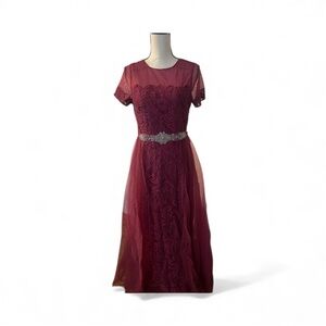 Teri Jon Burgundy Lace Maxi Dress with Silver Embellishment